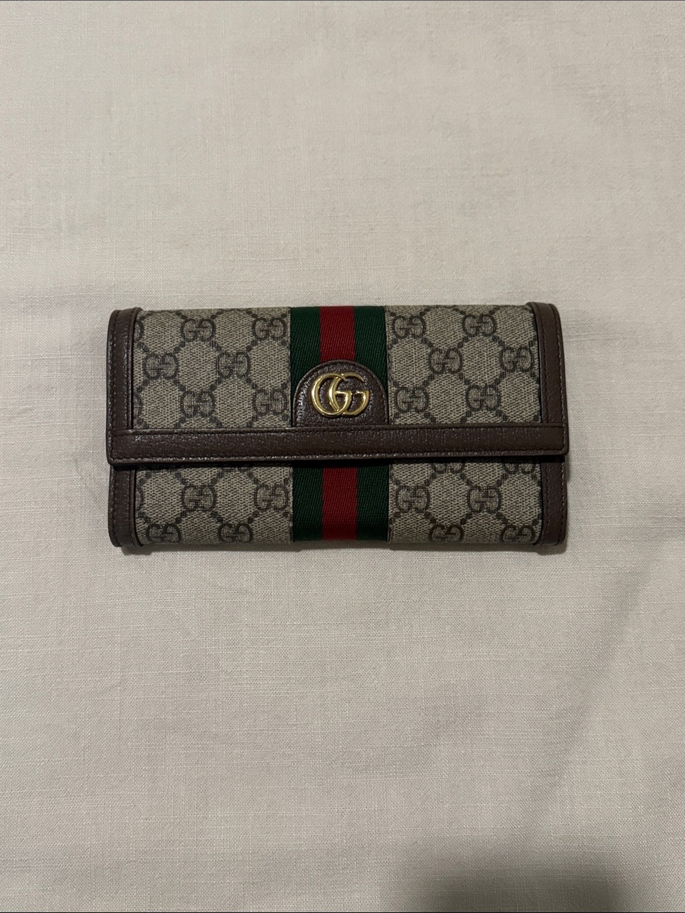 Gucci GG Supreme Wallet with Green and Red Web and Brown Trim
